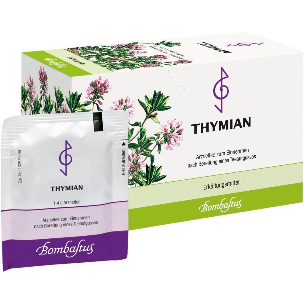 Teepackung mit Thymian-Arzneitee gegen Erkältungen, auf der Schachtel sind Thymianblüten.